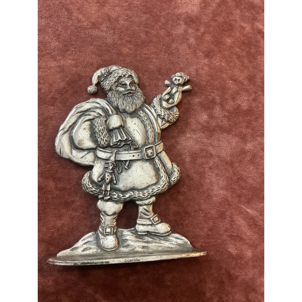 Vintage Silver Tone Cast Metal Santa Claus Figurine Holding Teddy Bear 5.25in